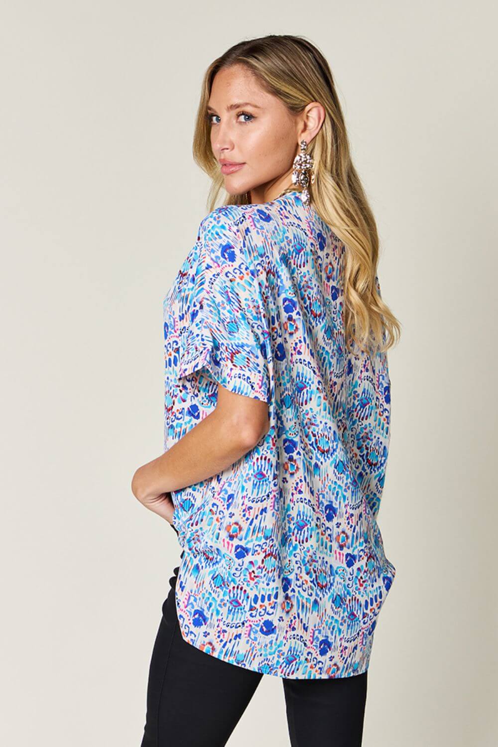 DOUBLE TAKE Full Size Printed V-Neck Short Sleeve Blouse at Bella Road