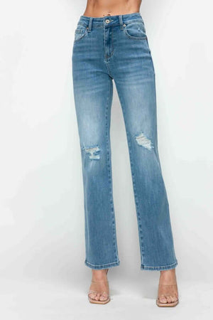 bytos Full Size Distressed High Rise Straight Jeans with edgy rips and a flattering fit, styled with trendy heels.