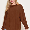 Ribbed Round Neck Long Sleeve T-Shirt - Dark Brown