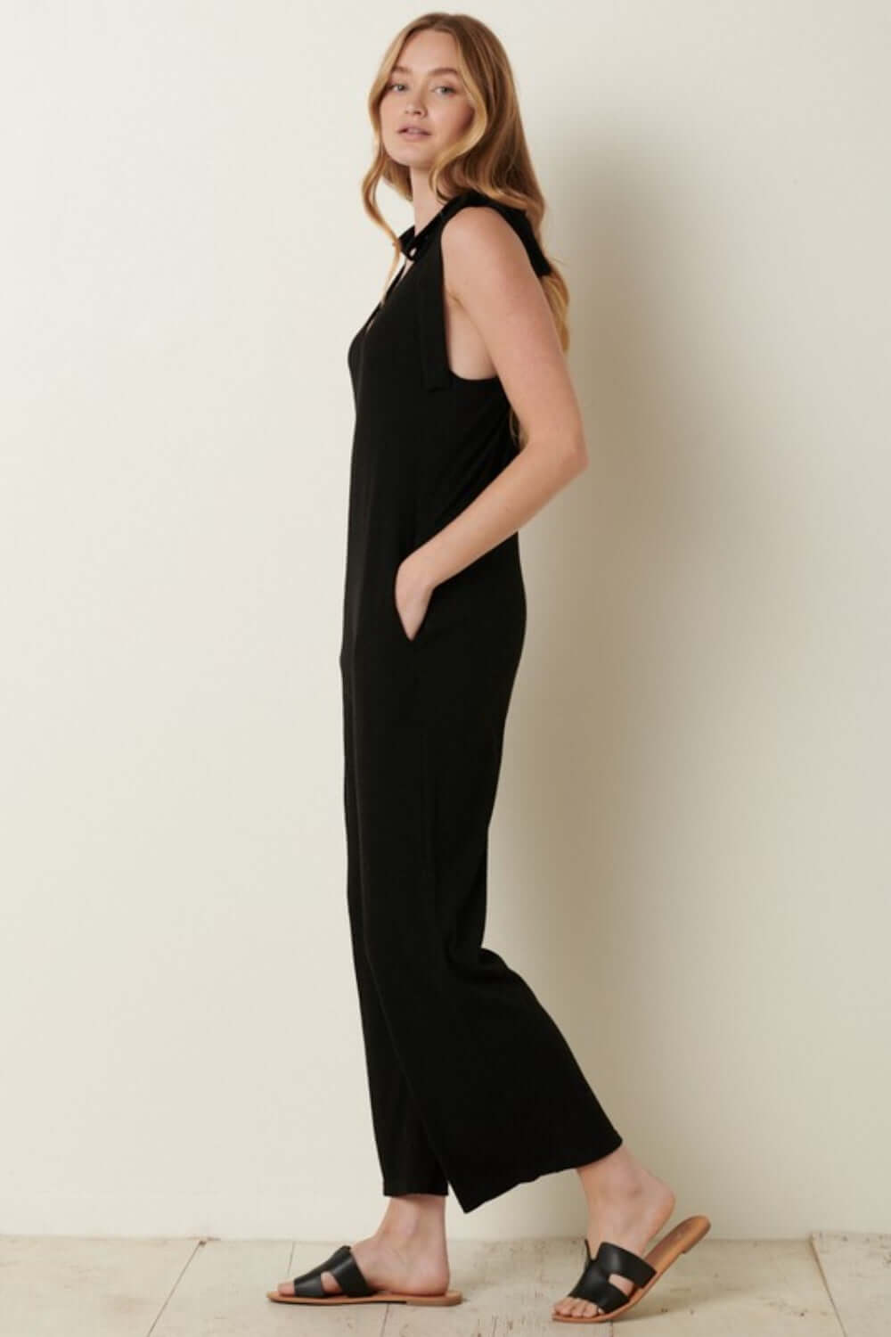 MITTOSHOP Rib Knit V-Neck Cross Back Jumpsuit at Bella Road