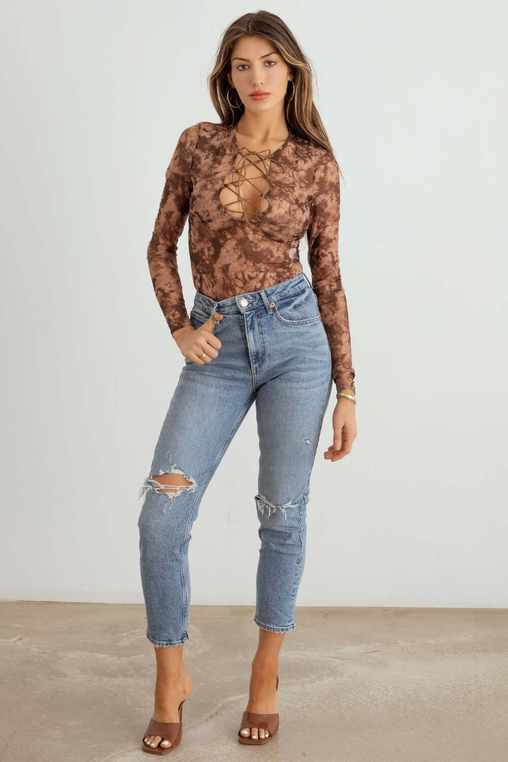 TASHA APPAREL Abstract Mesh Lace-Up Long Sleeve Bodysuit at Bella Road