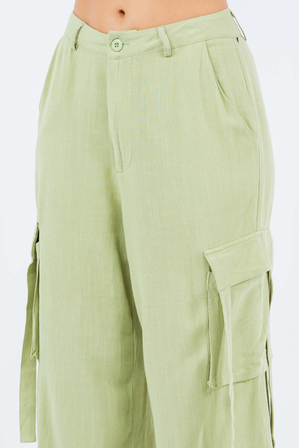 Light green linen wide leg cargo pants with pockets for women