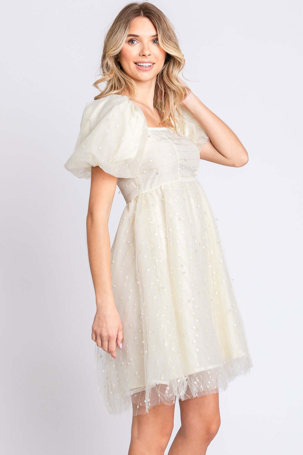 GEEGEE Pearl Mesh Puff Sleeve Babydoll Dress at Bella Road