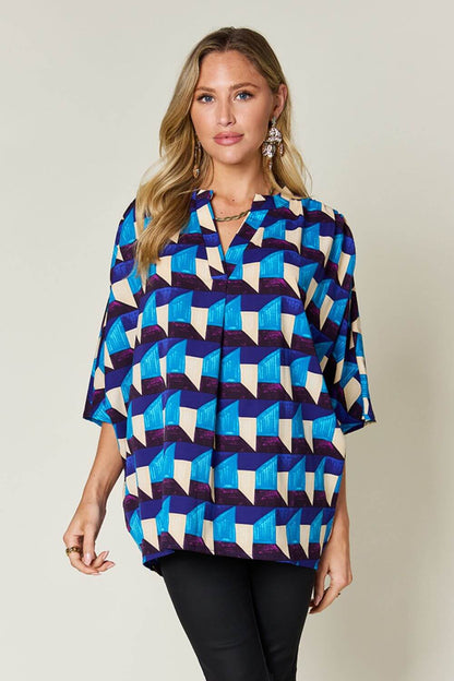 DOUBLE TAKE Full Size Geometric Notched Half Sleeve Blouse at Bella Road