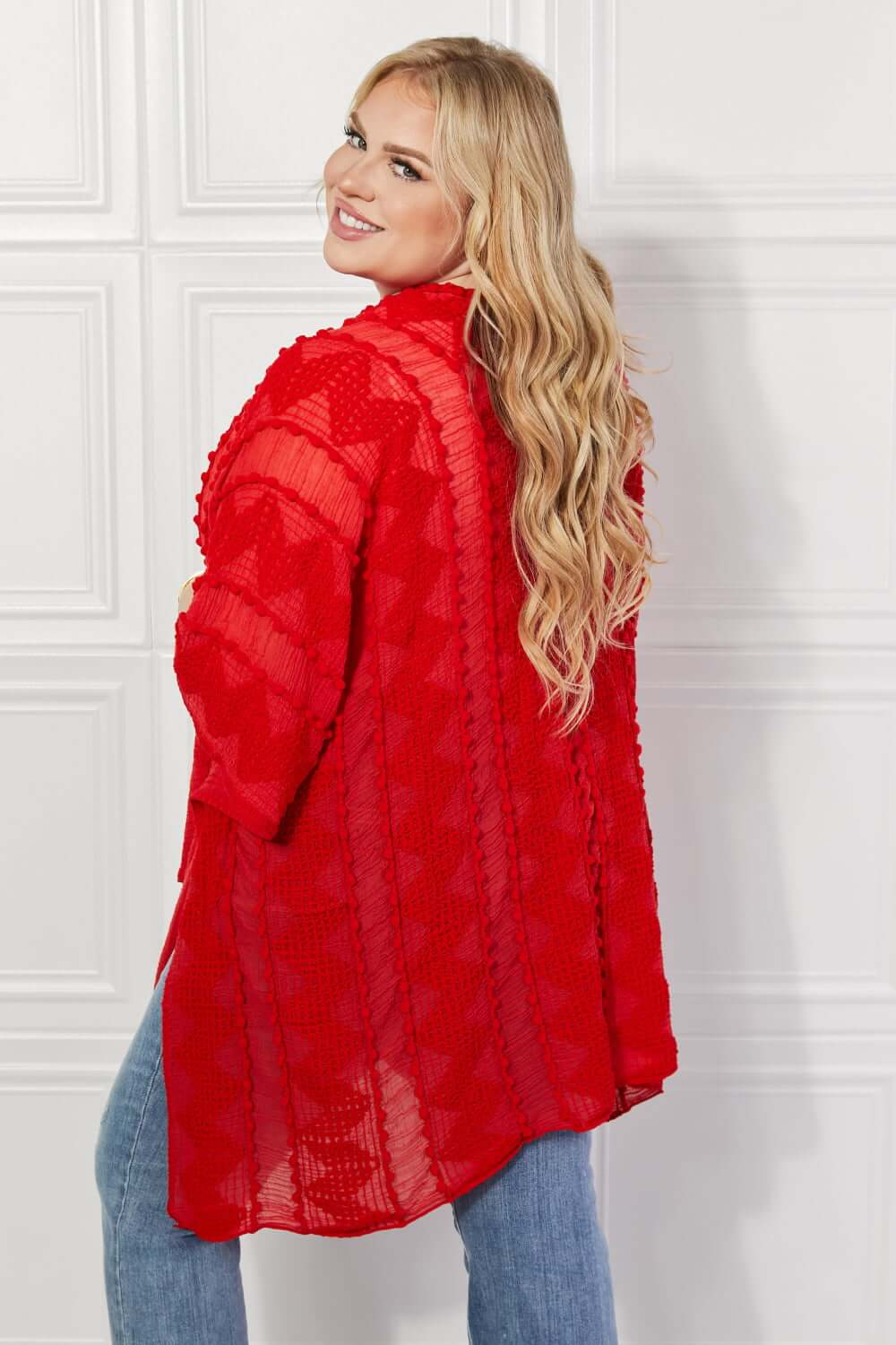 JUSTIN TAYLOR Pom-Pom Asymmetrical Poncho Cardigan in Red at Bella Road