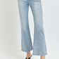 RISEN Full Size High Rise Ankle Flare Jeans in light blue with flared hem and high-waisted fit for a vintage and modern look