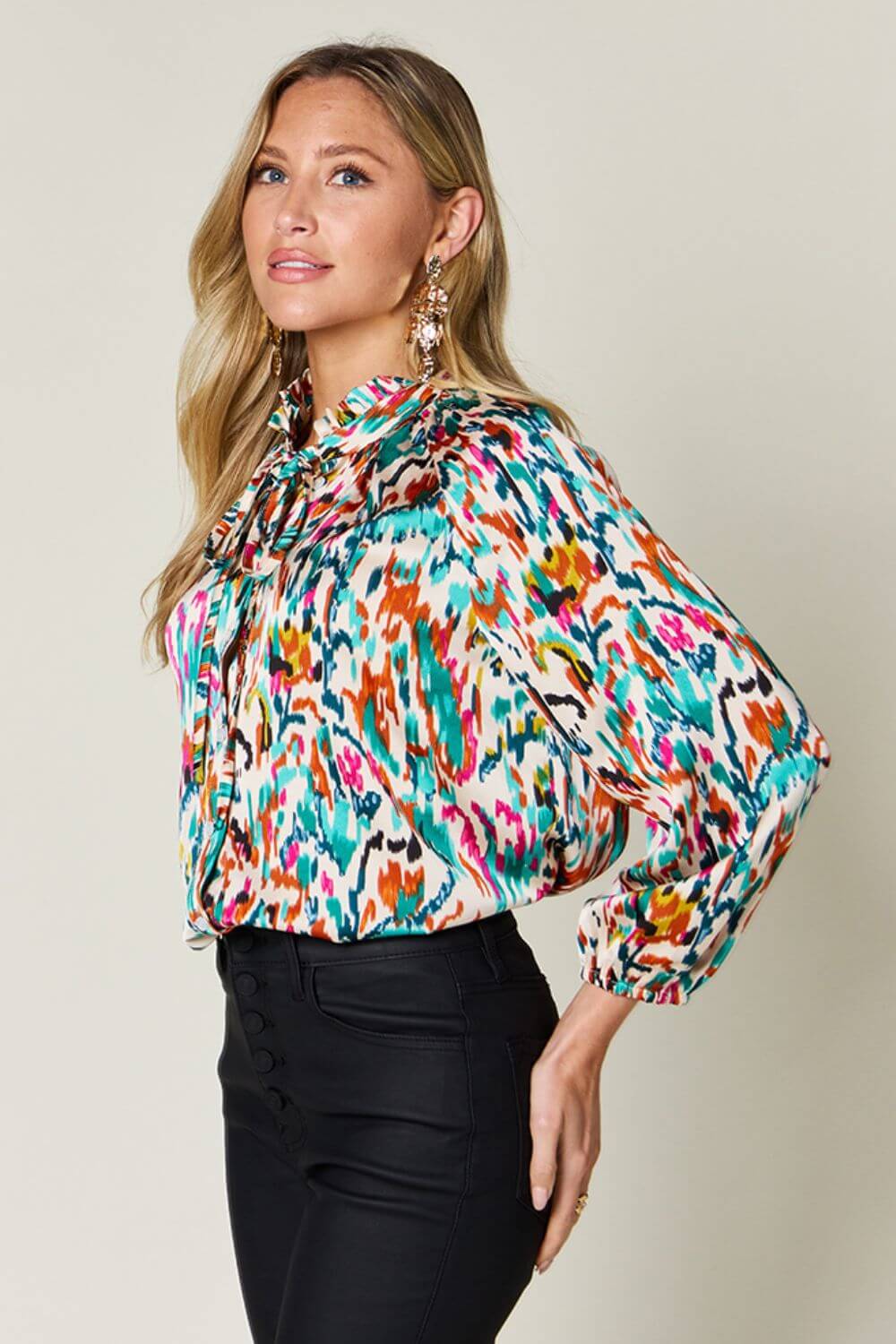 DOUBLE TAKE Full Size Printed Button Up Long Sleeve Shirt at Bella Road