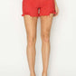 High Rise Distressed Red Denim Shorts by Risen Jeans With Frayed Hems