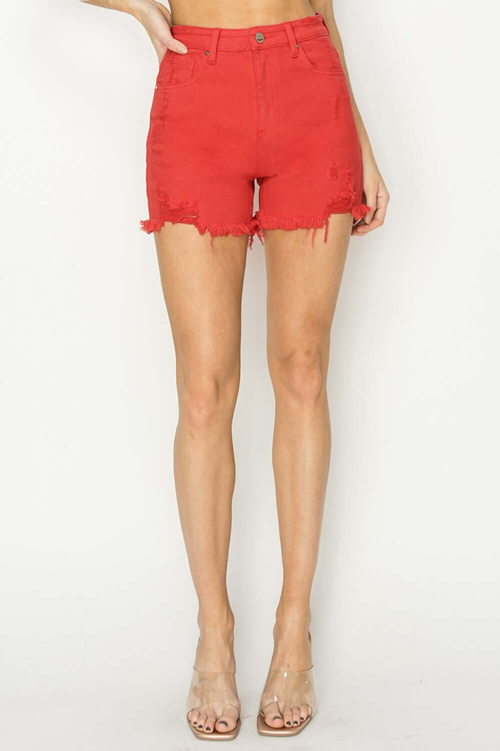 High Rise Distressed Red Denim Shorts by Risen Jeans With Frayed Hems