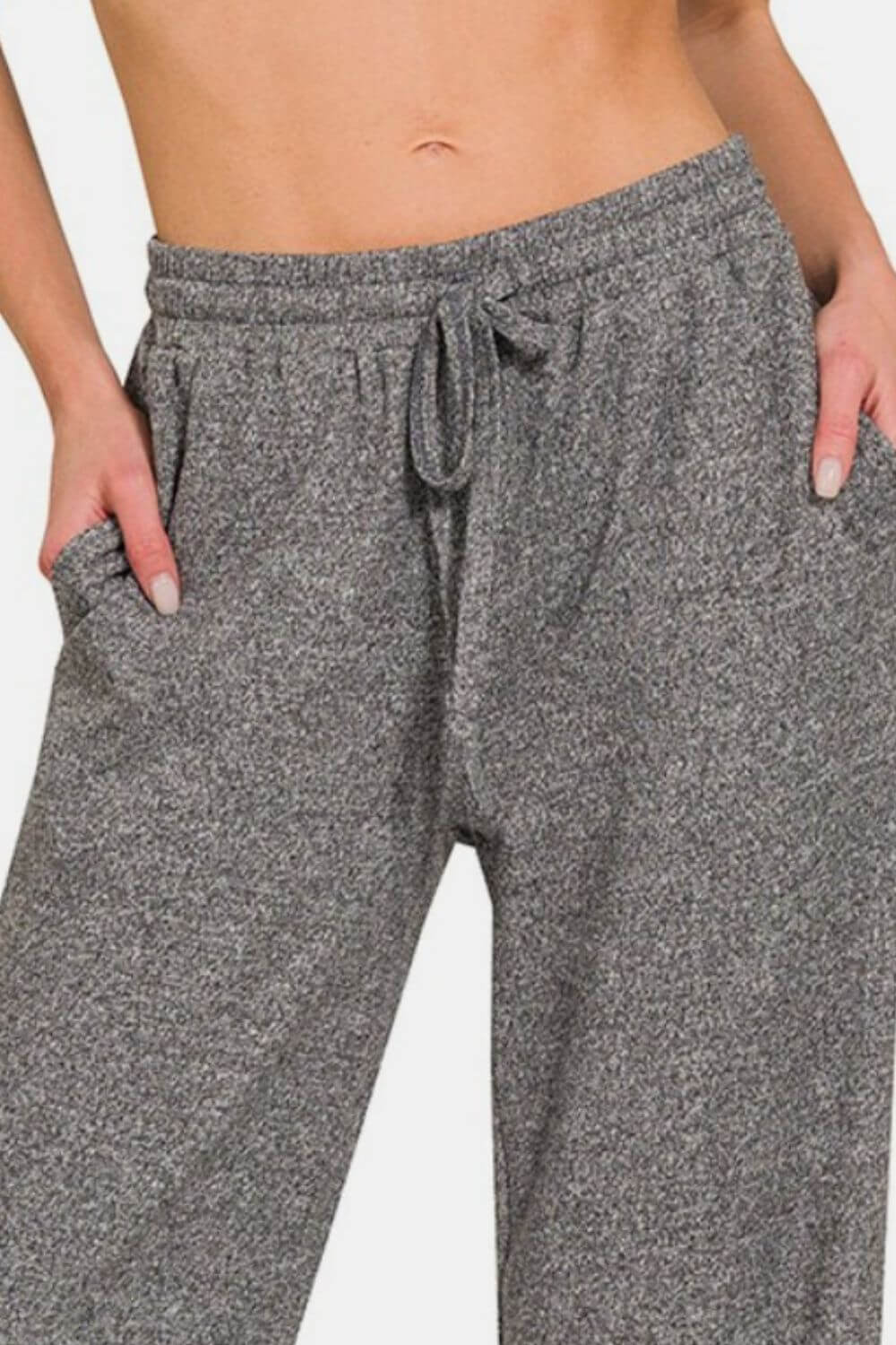 Grey Zenana drawstring wide leg pants with side pockets, perfect for a casual and chic look, offering comfort and style for daily wear.