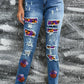 Bella Road Distressed Sequin Pumpkin Jeans with unique playful sequin patches, perfect for adding quirkiness and sparkle to your style