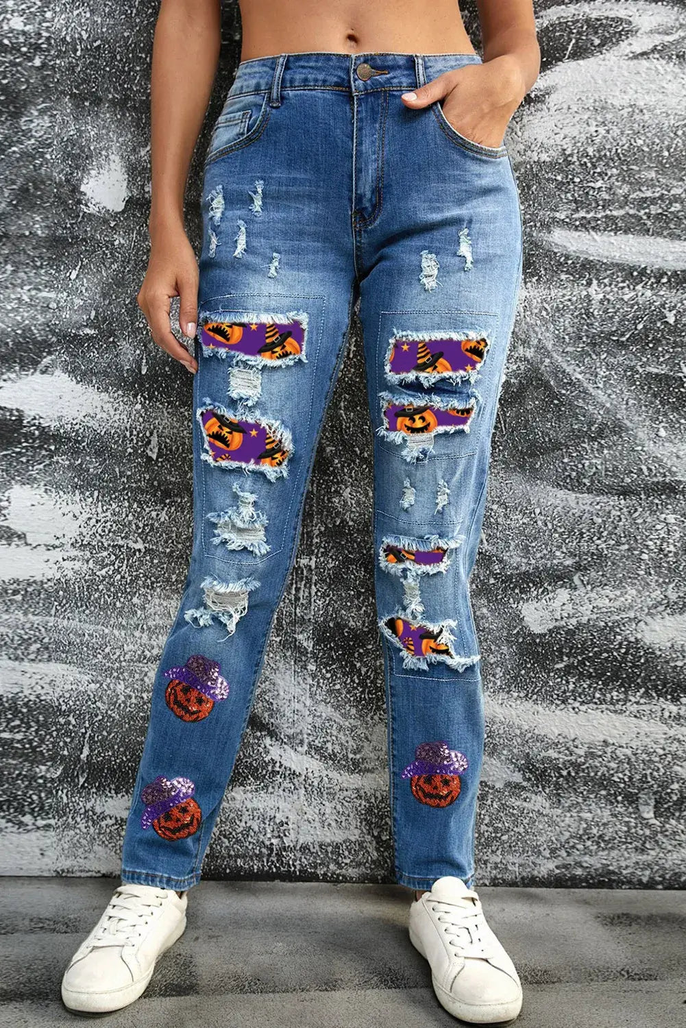 Bella Road Distressed Sequin Pumpkin Jeans with unique playful sequin patches, perfect for adding quirkiness and sparkle to your style