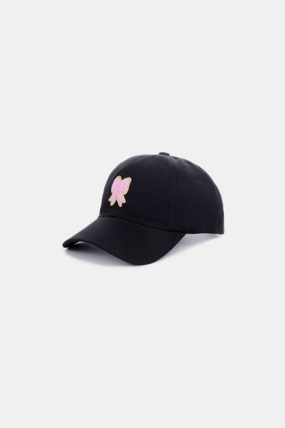 Black baseball cap with pink ribbon bow chenille patch, stylish accessory with adjustable strap for a customized fit