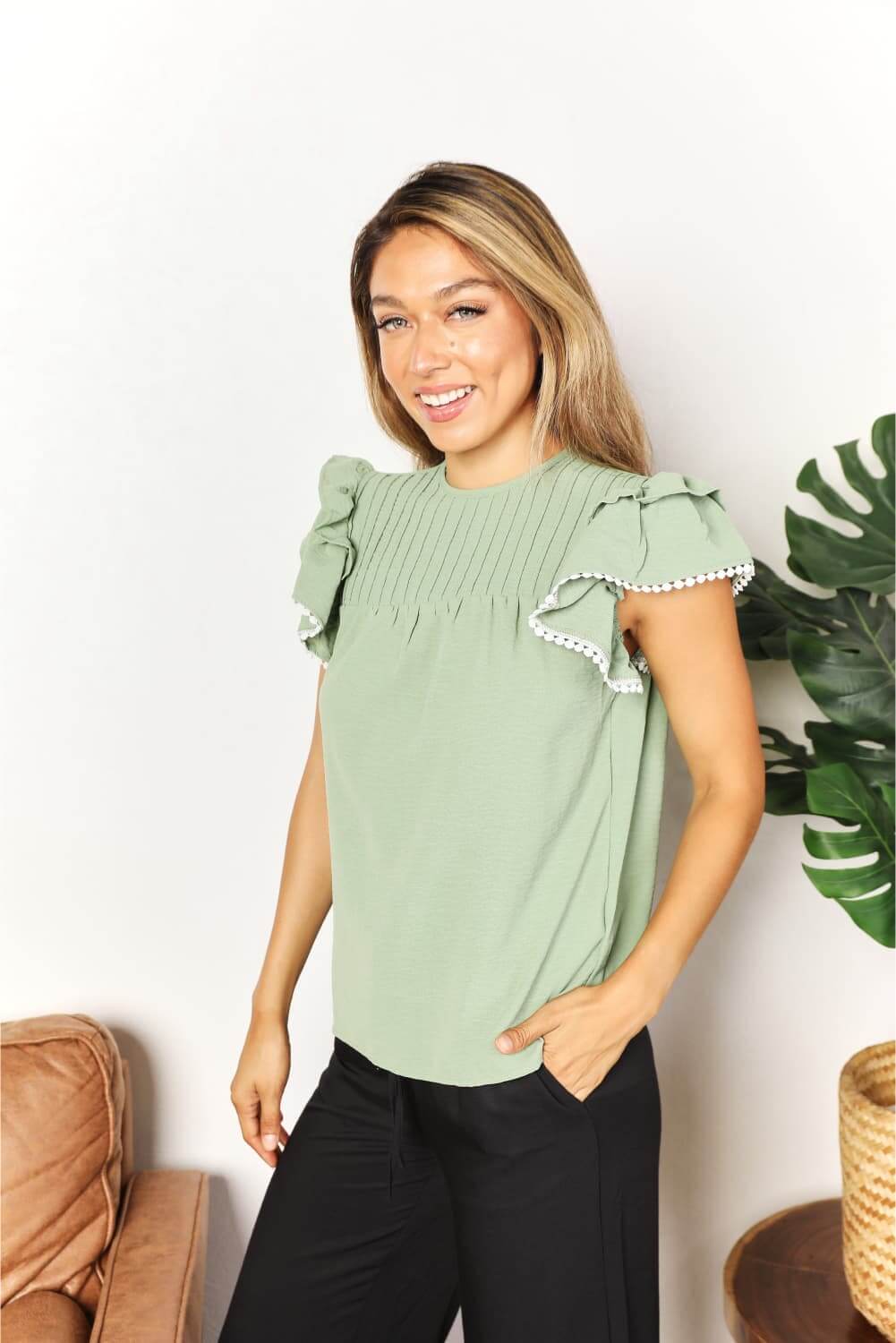 DOUBLE TAKE Pleated Detail Flutter Sleeve Blouse at Bella Road