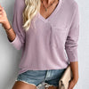 Double Take Pocketed Textured V-Neck Long Sleeve T-Shirt - Pink Purple