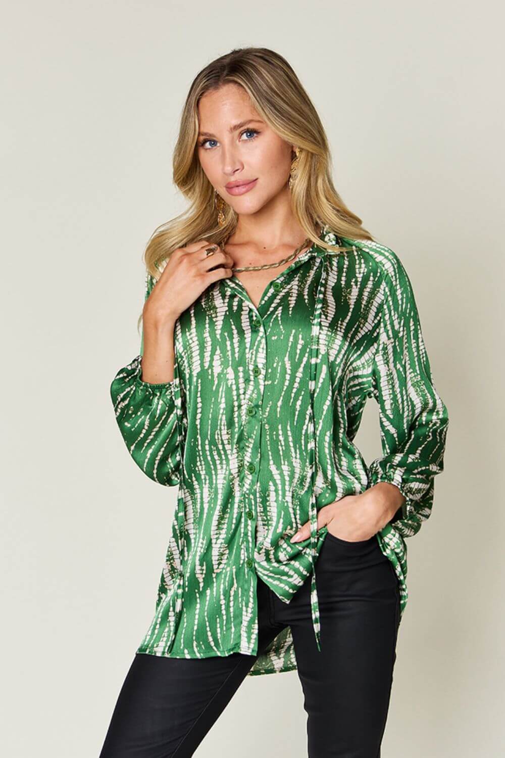 DOUBLE TAKE Full Size Printed Button Up Long Sleeve Shirt at Bella Road