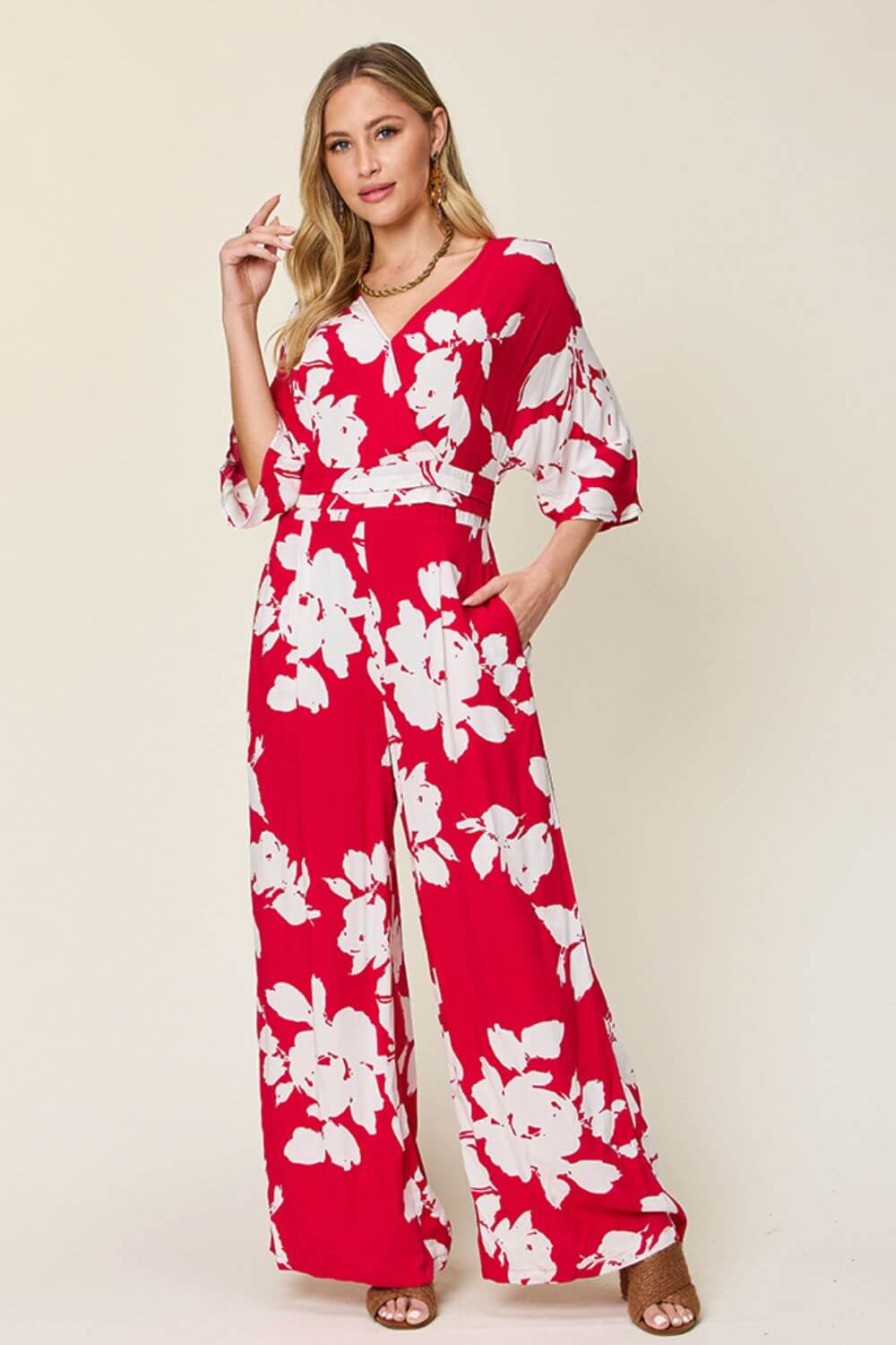 DOUBLE TAKE Full Size Printed Tie Back Wide Leg Jumpsuit at Bella Road