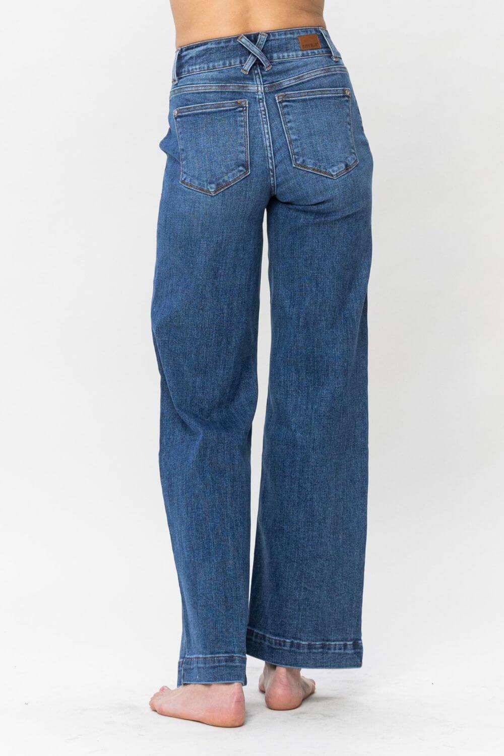 Judy Blue high rise double button wide leg jeans showing back view with pockets, stylish and comfortable for various outfits