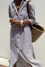 Woman wearing Bella Road Tied Button Up Three-Quarter Sleeve Dress, holding a woven straw bag, showcasing casual and chic fashion style.