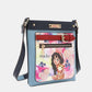 Nicole Lee USA Nikky Crossbody Bag with front zipper pocket and cartoon design of girl holding a cat on eco-leather background