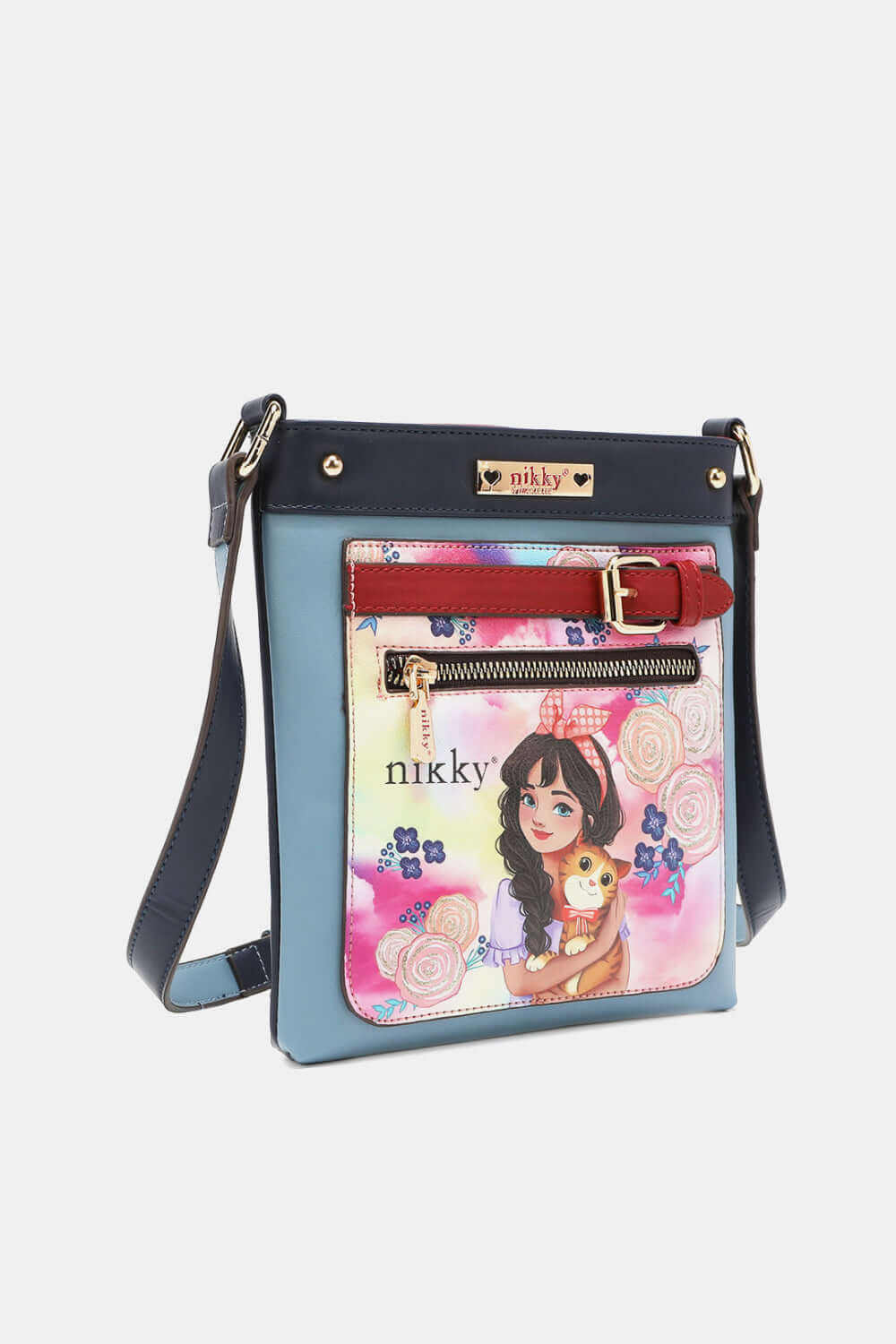 Nicole Lee USA Nikky Crossbody Bag with front zipper pocket and cartoon design of girl holding a cat on eco-leather background