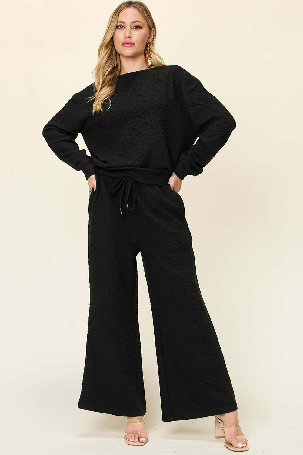 DOUBLE TAKE Full Size Texture Long Sleeve Top and Pants Set at Bella Road