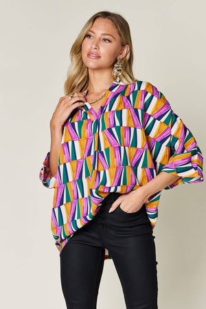 DOUBLE TAKE Full Size Geometric Notched Raglan Sleeve Blouse at Bella Road