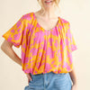 Full Size Printed Satin Bubble Hem Top - Citrus