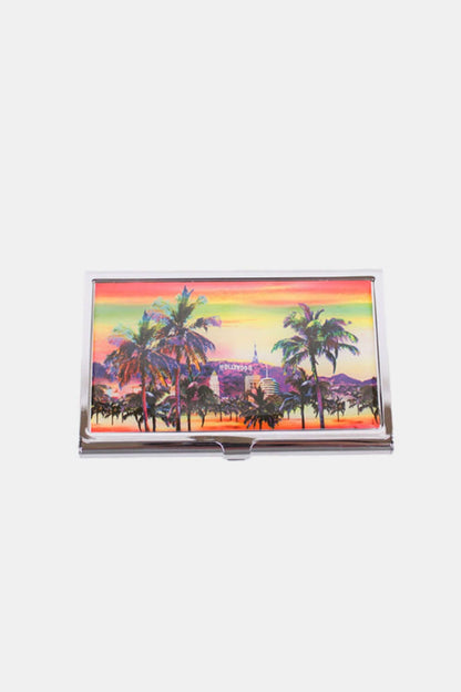 Nicole Lee USA Printed Business Card Case with Palm Trees Design, Stainless Steel Back, Holds 15 Cards, Snap Closure, 3.7"W x 2.5"H x 0.5"D