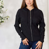 Ribbed Zip Up Drawstring Hooded Jacket - Black