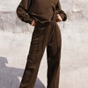 Bella Road Round Neck Long Sleeve Top and Elastic Waist Pants Set - Brown