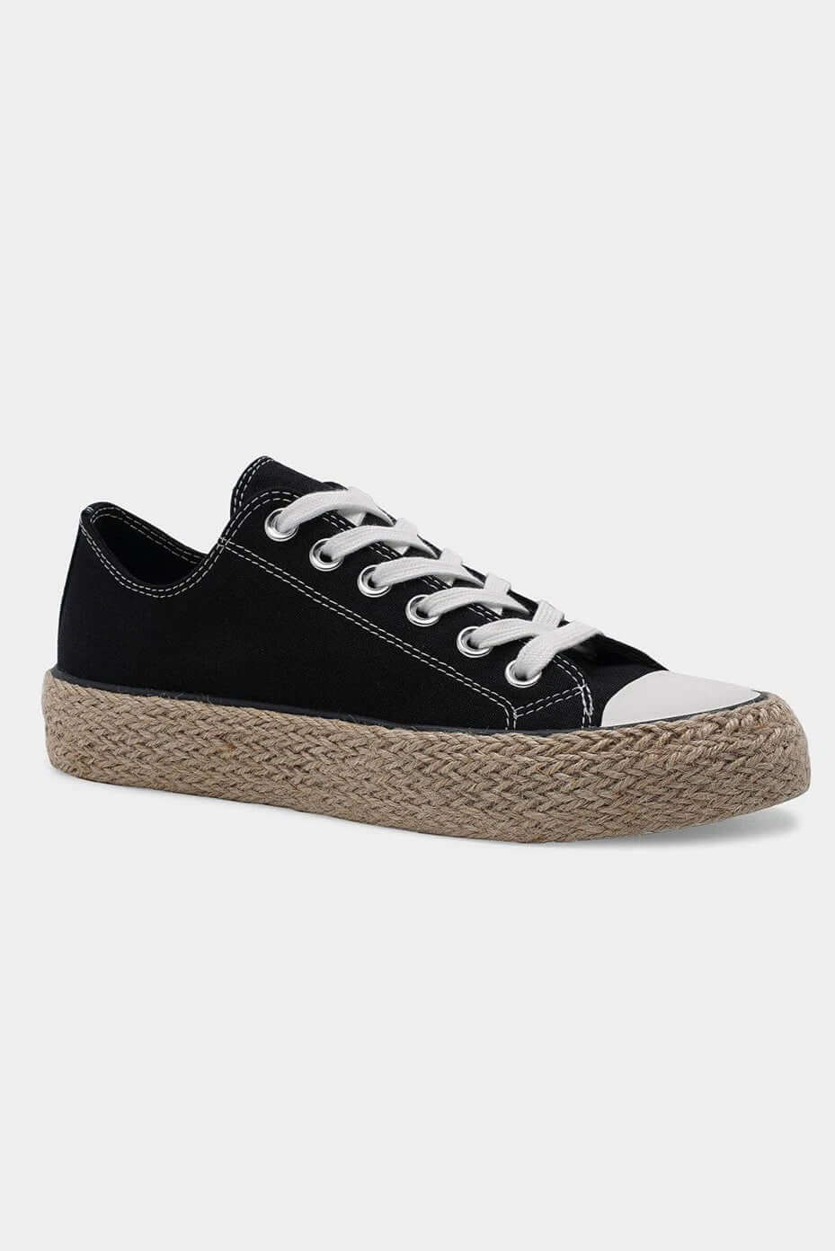 Chic black lace-up woven espadrille sole sneakers, perfect for stylish summer outfits.