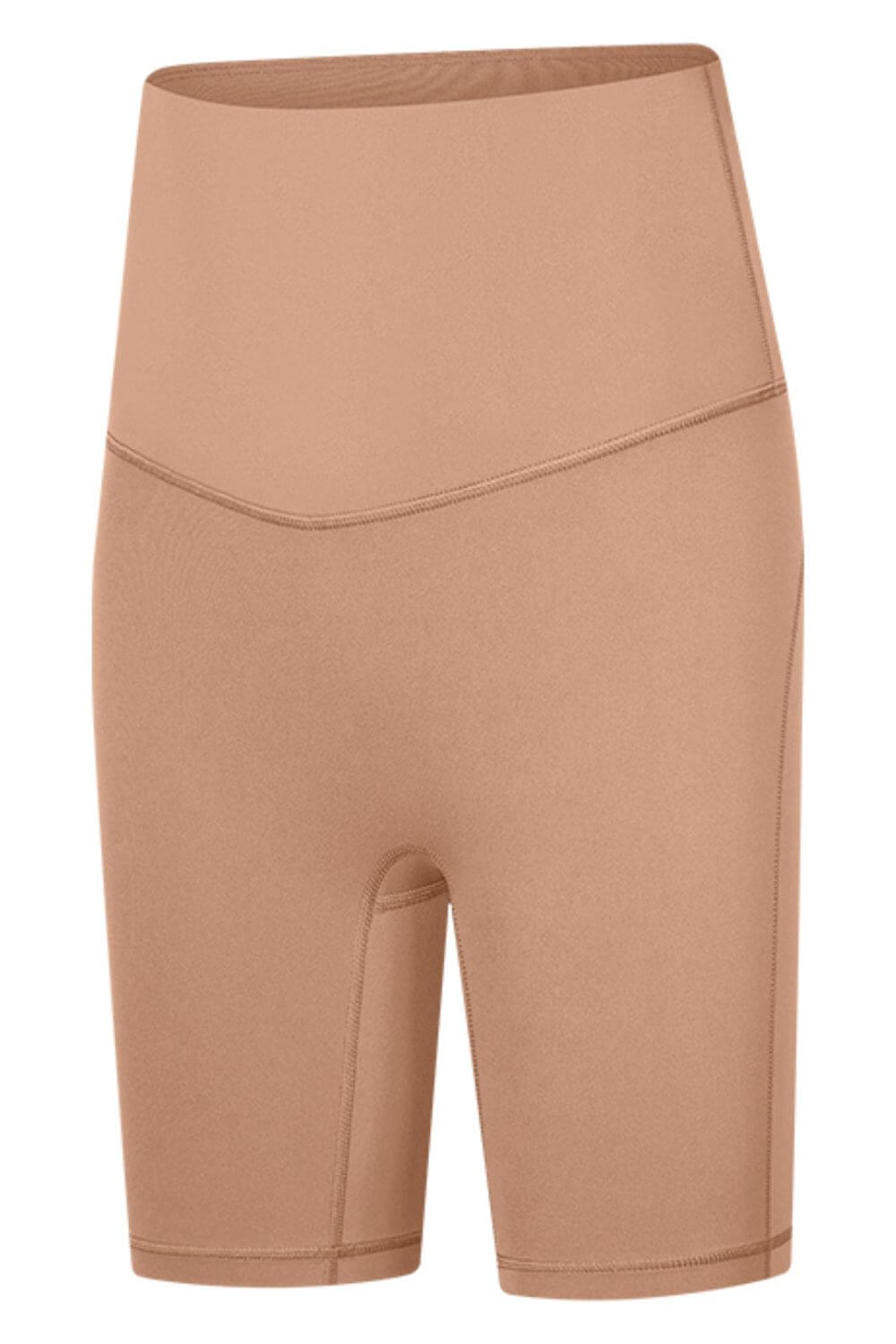 Millennia Seamless High-Rise Wide Waistband Biker Shorts in a warm tan color for stylish comfort and flexibility.