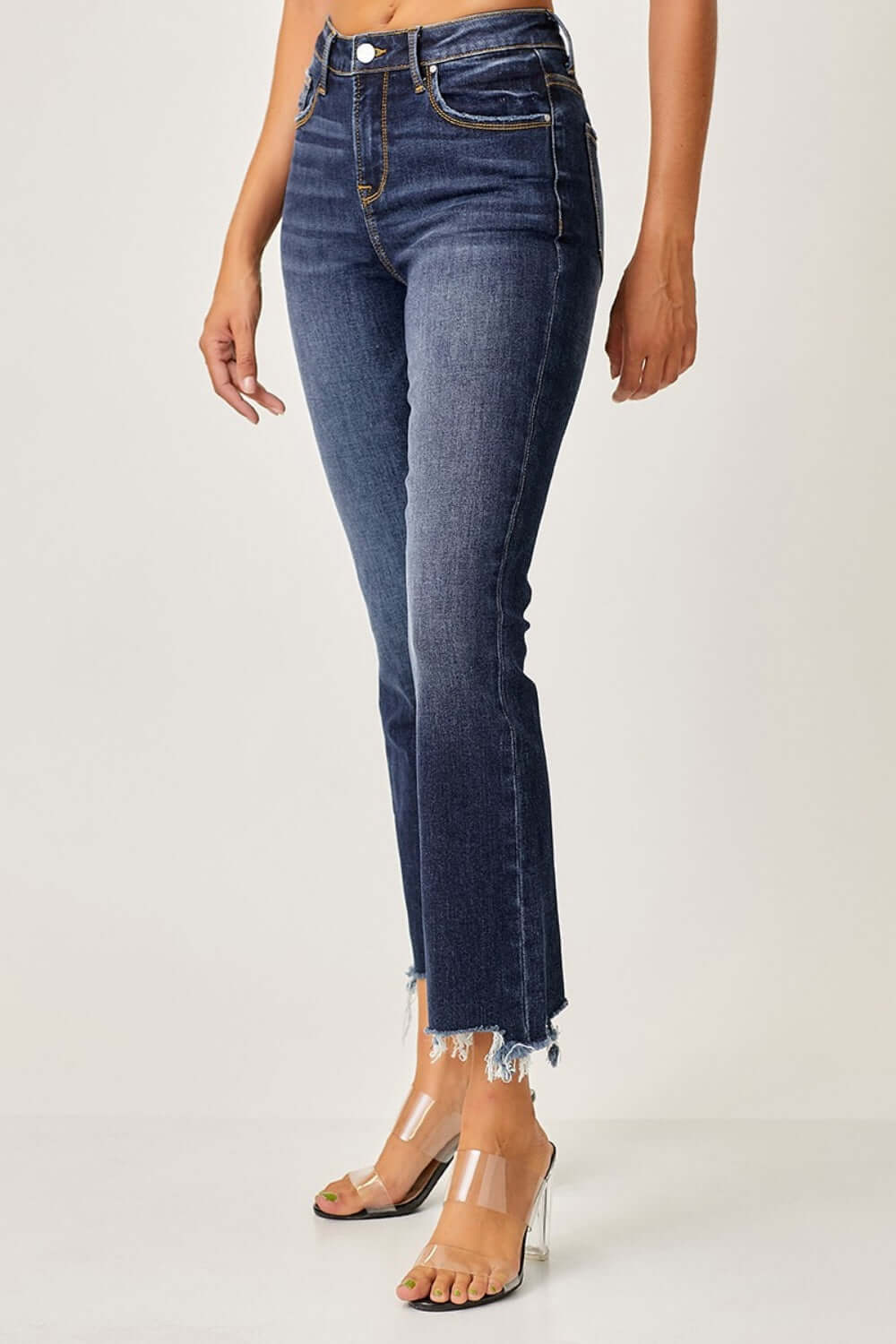 Frayed hem cropped straight jeans by Risen Jeans - trendy petite denim with edgy style, perfect for showcasing shoes