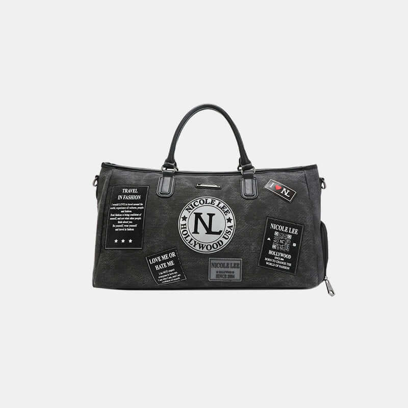 Nicole Lee USA Denim Patch Duffel Bag with spacious main compartment and trendy patch design for stylish travel and everyday use