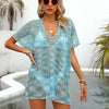 Openwork V-Neck Half Sleeve Cover Up - Turquoise