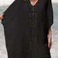 Cutout V-Neck three-quarter sleeve sheer cover-up with openwork design in black, perfect for beachwear. Made of 65% cotton, 35% polyester