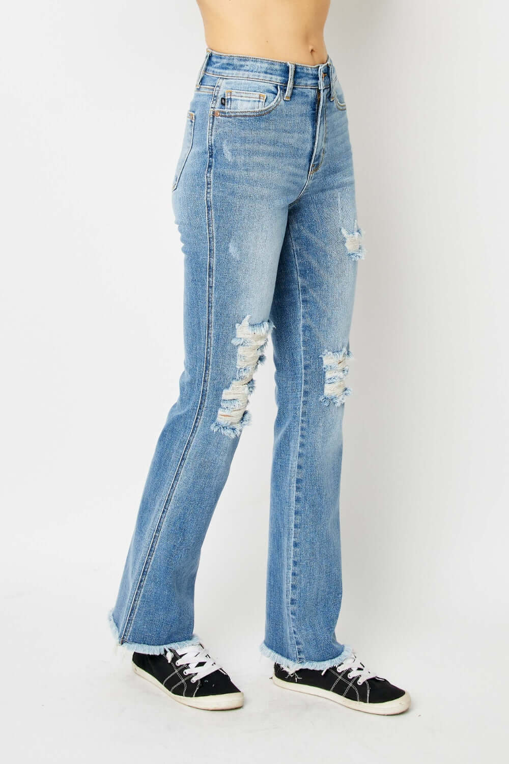 JUDY BLUE Full Size Distressed Raw Hem Bootcut Jeans at Bella Road