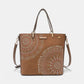 Nicole Lee USA metallic stitching embroidery inlaid rhinestone vegan leather tote bag with dual straps and circle charm