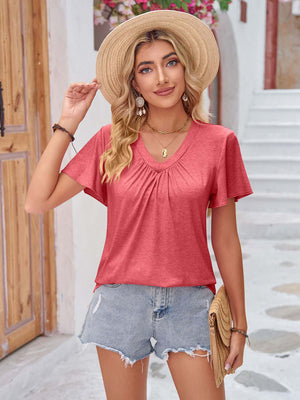 DOUBLE TAKE Ruched V-Neck Short Sleeve T-Shirt at Bella Road