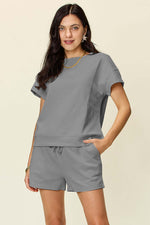 DOUBLE TAKE Full Size Texture Short Sleeve T-Shirt and Drawstring Shorts Set at Bella Road