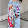 Bella Road Art Print Distressed Wide Leg Jeans - Light Blue
