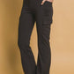 Stylish woman in black flared cargo leggings with pockets, perfect for casual outfits and everyday comfort.