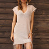 Fringe Hem Short Sleeve Deep V Cover Up Dress - Cream