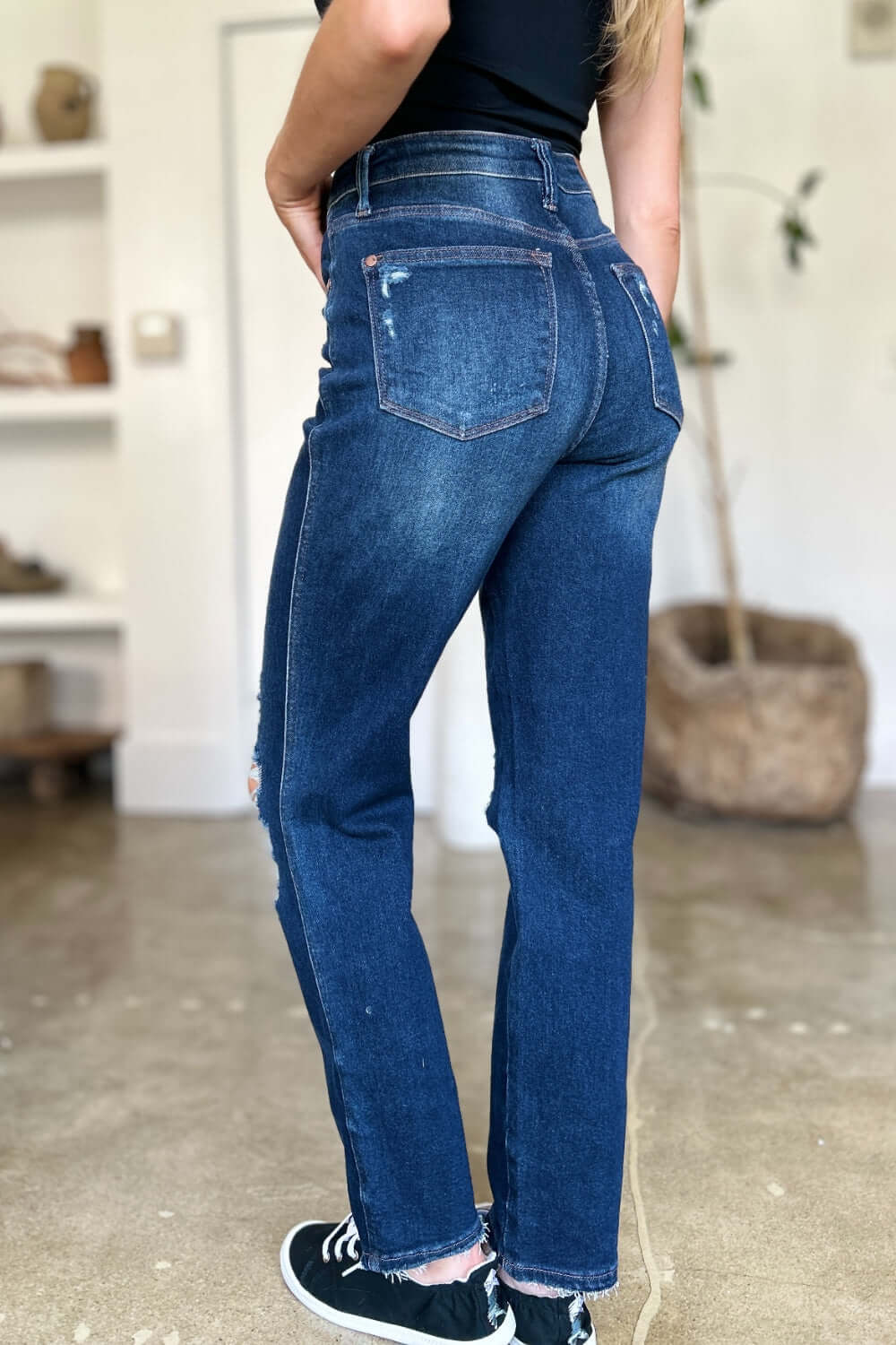 High Waist Rigid Magic Heavy Destroy Straight Jeans back view showcasing Judy Blue Jeans' stylish rugged appeal.