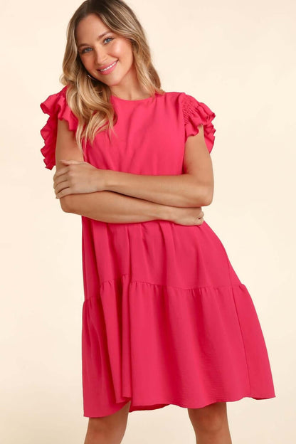 Full Size Smocking Ruffle Short Sleeve Dress with Pockets