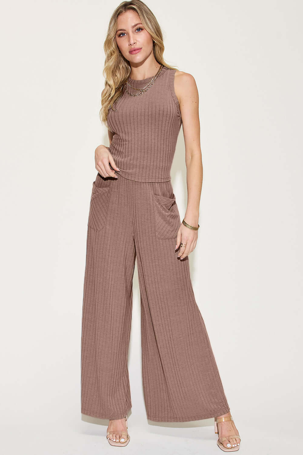 BASIC BAE Full Size Ribbed Tank and Wide Leg Pants Set at Bella Road