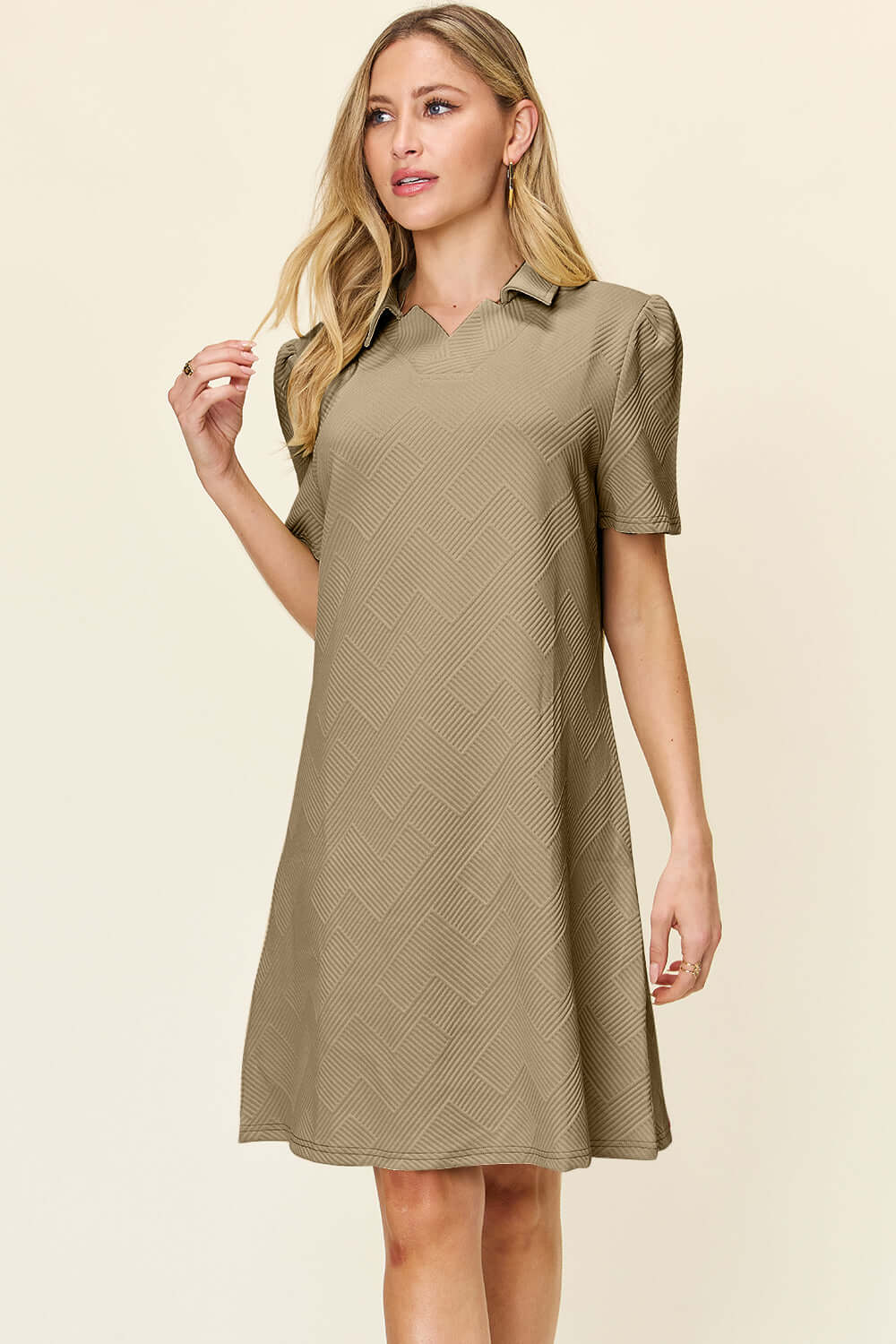 DOUBLE TAKE Full Size Texture Collared Neck Short Sleeve Dress at Bella Road