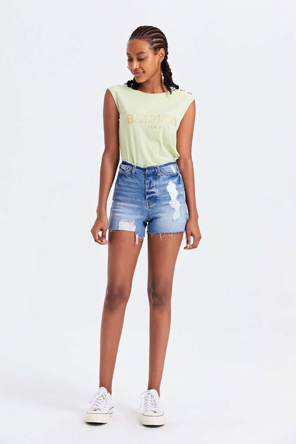 BAYEAS High Rise Bandless Denim Shorts at Bella Road