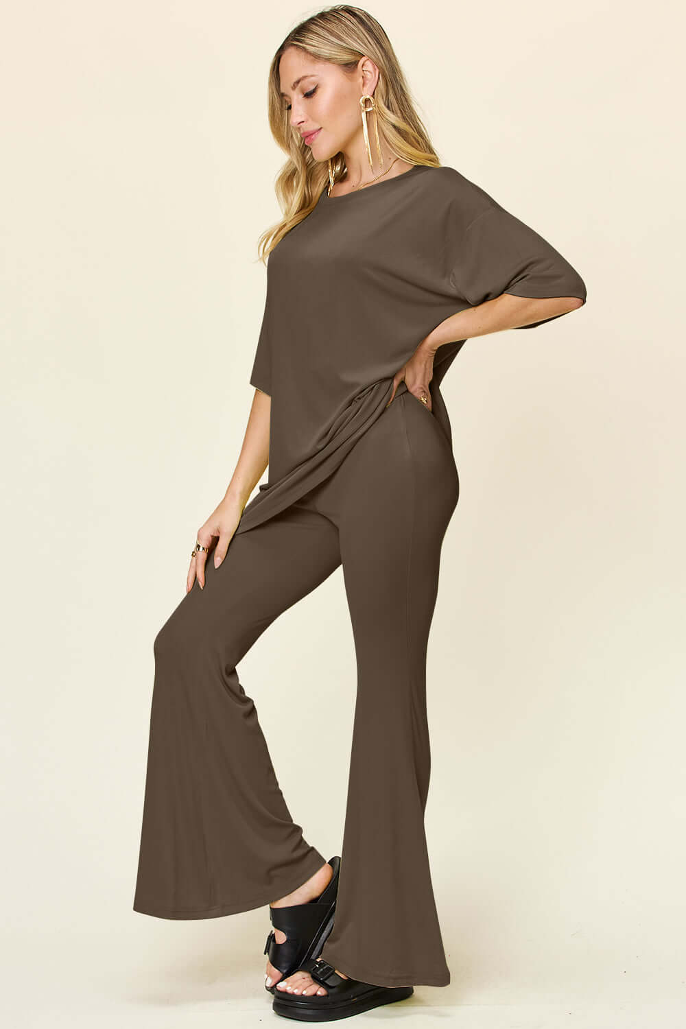 DOUBLE TAKE Full Size Round Neck Drop Shoulder T-Shirt and Flare Pants Set at Bella Road